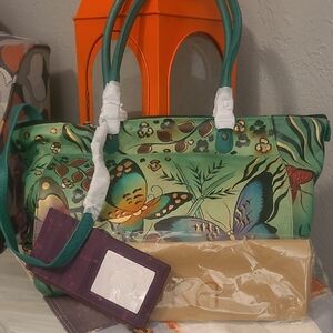 Anuschka Green Tote with Colorful Butterfly Design